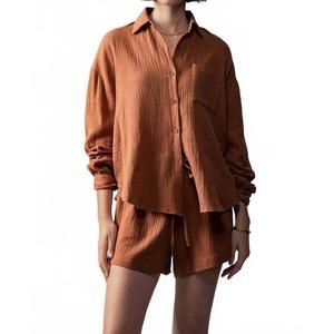 NEW URBAN DAIZY crinkle cotton gauze resort button-up set in brown